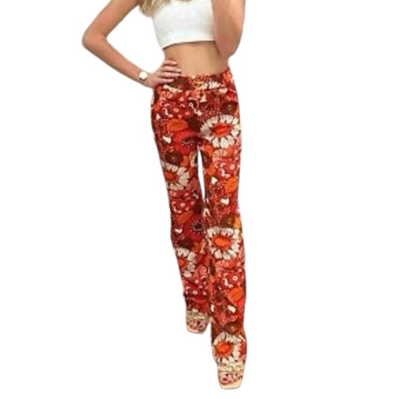Zara BLOGGERS FAVORITE! 70’s Retro Orange Floral Print High Waist Pant Leggings - Picture 6 of 13